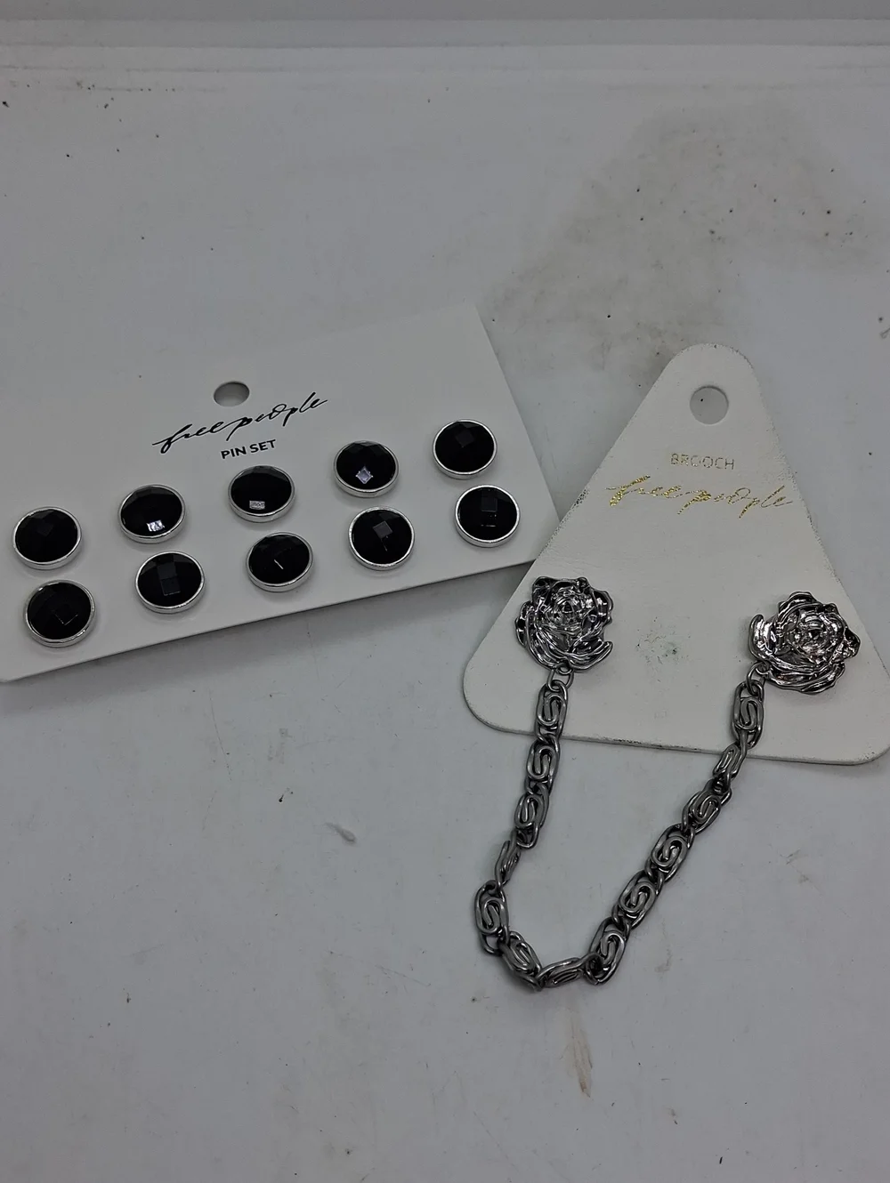 NWT Free People Black Rhinestone Pin Set & Silver Rose Chain Brooch